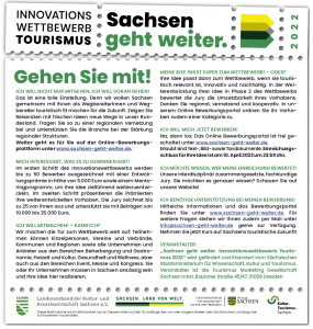 Infoflyer Sachsen geht weiter. Innovationswettbewerb Tourismus 2022