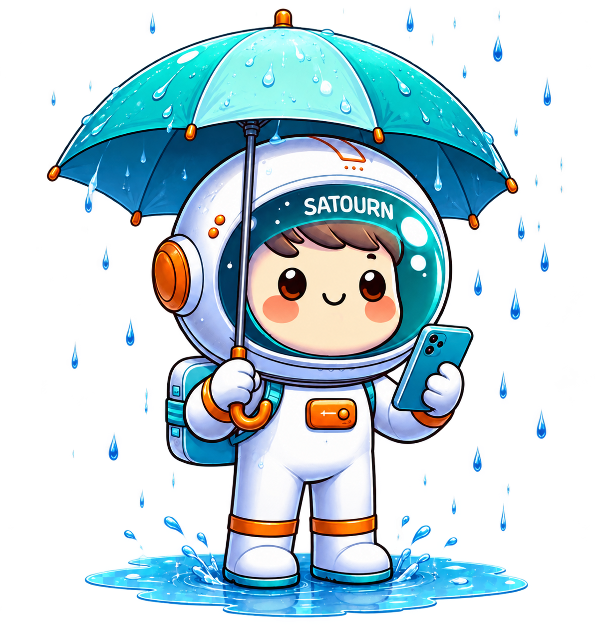 SaTourNi steht mit geöffnetem Regenschirm im Regen und schaut auf sein Smartphone.