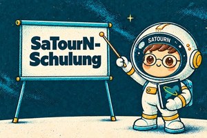 Beitragsbild mit SaTourNi und Leinwand mit der Aufschrift "SaTourN-Schulung" zur Ankündigung neuer Schulungen